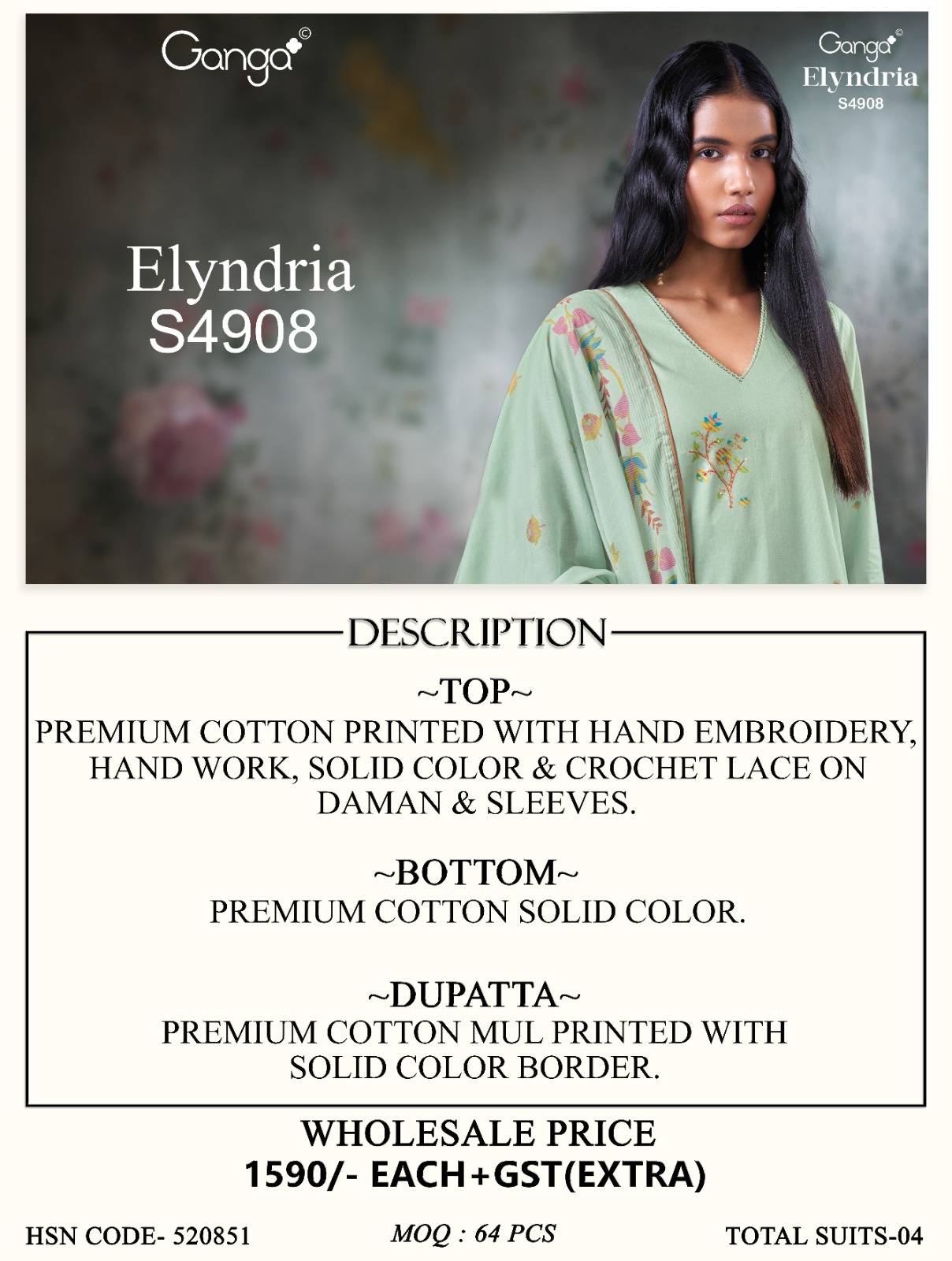 ELYNDRIA 4908 By GANGA FASHION Stylish Beautiful Colourful Cotton Dresses At Wholesale Price